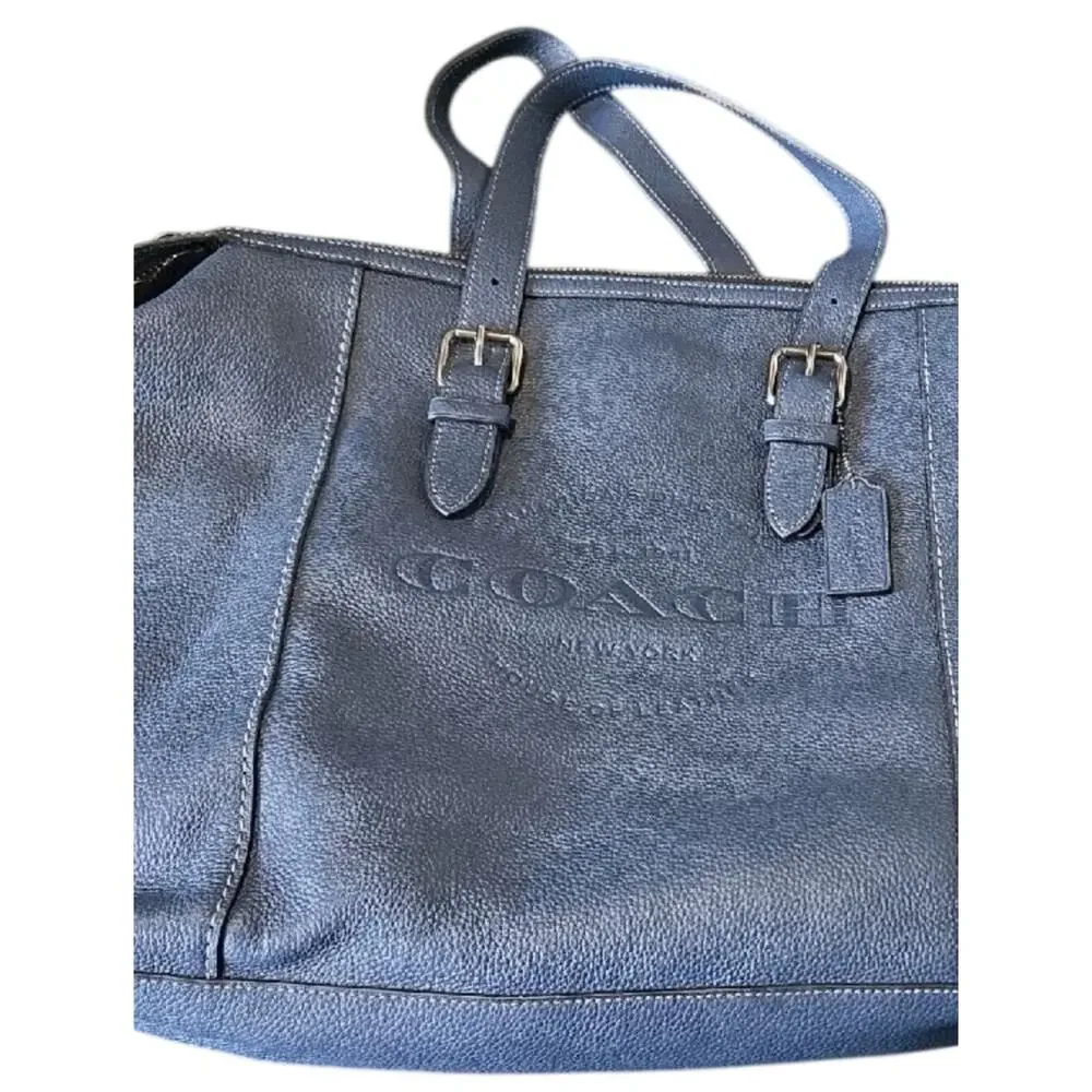 Coach Navy Blue Pebbled Leather Tote with Buckle Straps